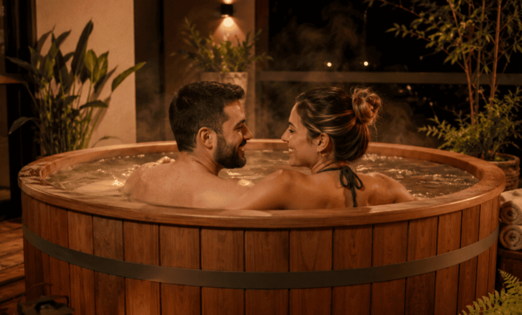 Ofurô redondo de madeira em área externa, com casal relaxando em água quente, cercado por plantas e iluminação aconchegante.